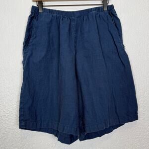 Flax Linen Pull On Elastic Waist Shorts Blue Size Medium